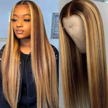 Load image into Gallery viewer, Straight 28 30 Inch Wig Honey Blonde Full Highlight Lace Front Human Hair
