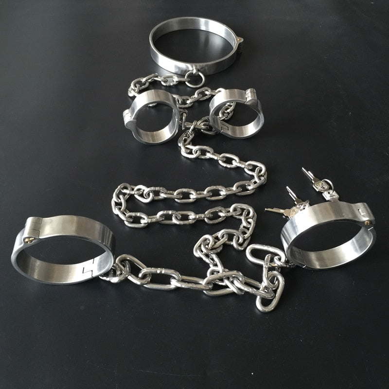 Stainless Steel Lockable Bondage Neck Collar Handcuffs Ankle Cuff Restraints