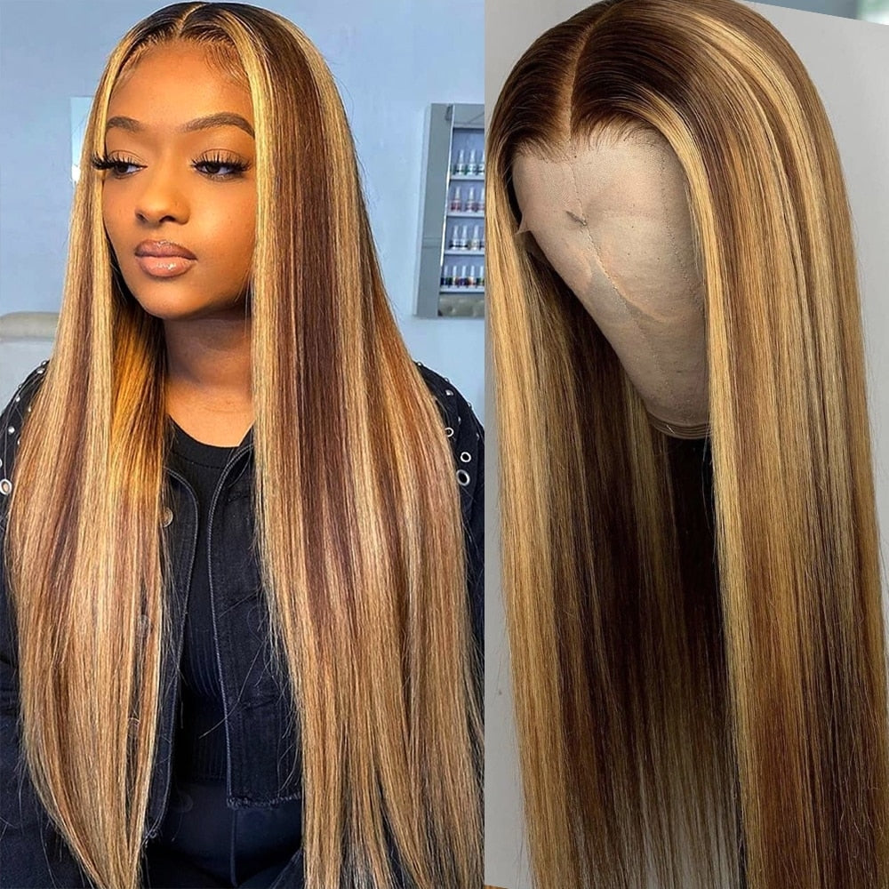 Straight 28 30 Inch Wig Honey Blonde  Full Highlight Lace Front Human Hair