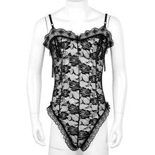 Load image into Gallery viewer, Men Black Lace Floral Nipple Splits with Ribbon
