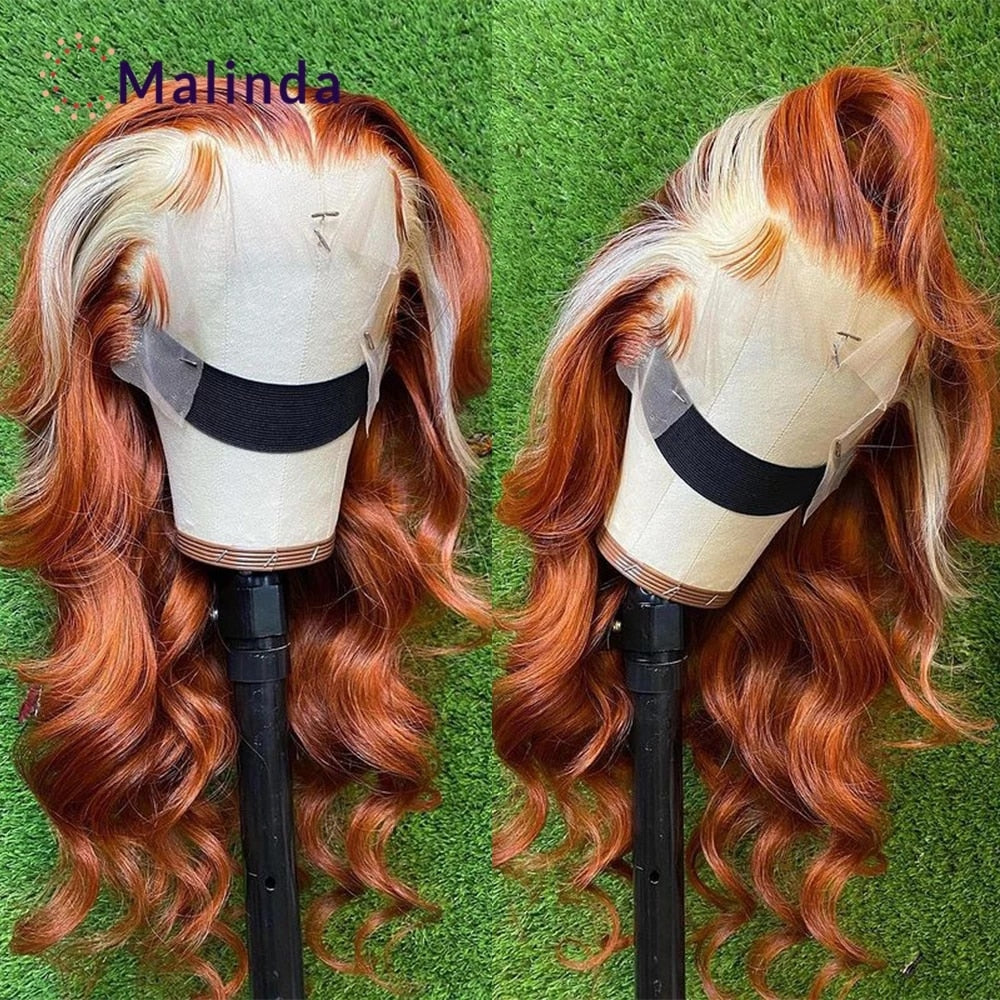 Lace Front Human Hair Wigs Ginger Human Hair Highlights 30 Inch