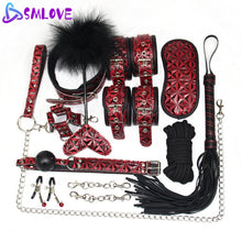 Load image into Gallery viewer, Level A PU Handcuffs Whip Collar BDSM Bondage Rope Mask Ball Gag Nipple Clamps
