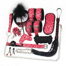 Load image into Gallery viewer, Level A PU Handcuffs Whip Collar BDSM Bondage Rope Mask Ball Gag Nipple Clamps
