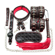 Load image into Gallery viewer, Level A PU Handcuffs Whip Collar BDSM Bondage Rope Mask Ball Gag Nipple Clamps
