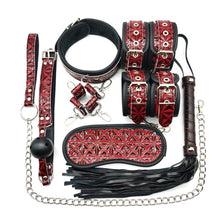 Load image into Gallery viewer, Level A PU Handcuffs Whip Collar BDSM Bondage Rope Mask Ball Gag Nipple Clamps
