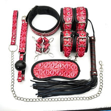 Load image into Gallery viewer, Level A PU Handcuffs Whip Collar BDSM Bondage Rope Mask Ball Gag Nipple Clamps
